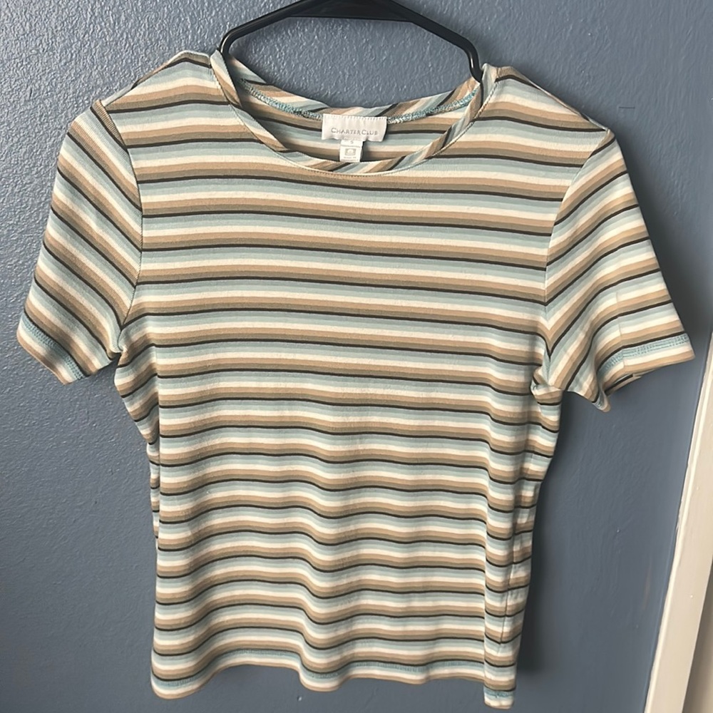 beige, white, green, blue, striped, Woman’s small, T shirt